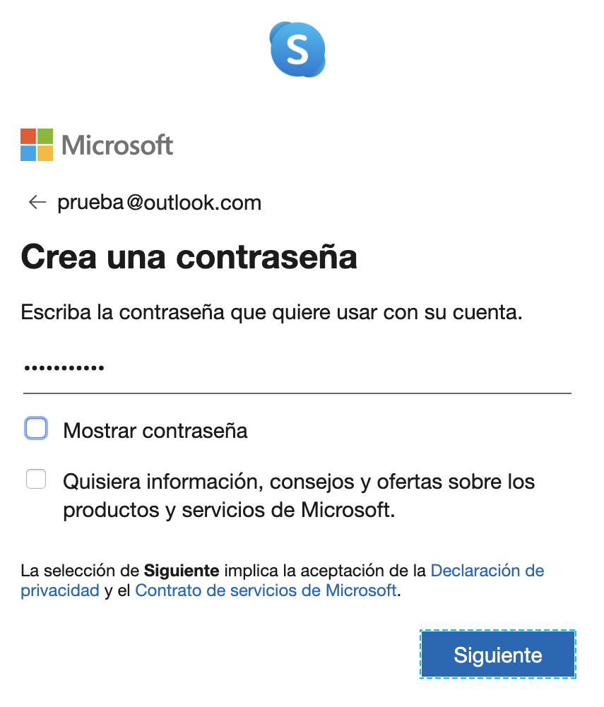 Crear contraseña segura para la cuenta de Skype